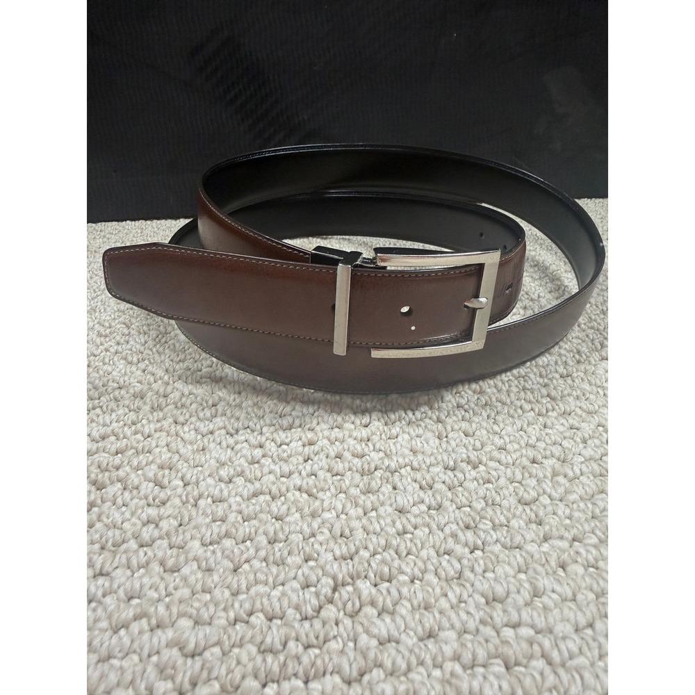 Perry Ellis Reversible Leather Belt Men's Size 42 Black Brown Silver Buckle